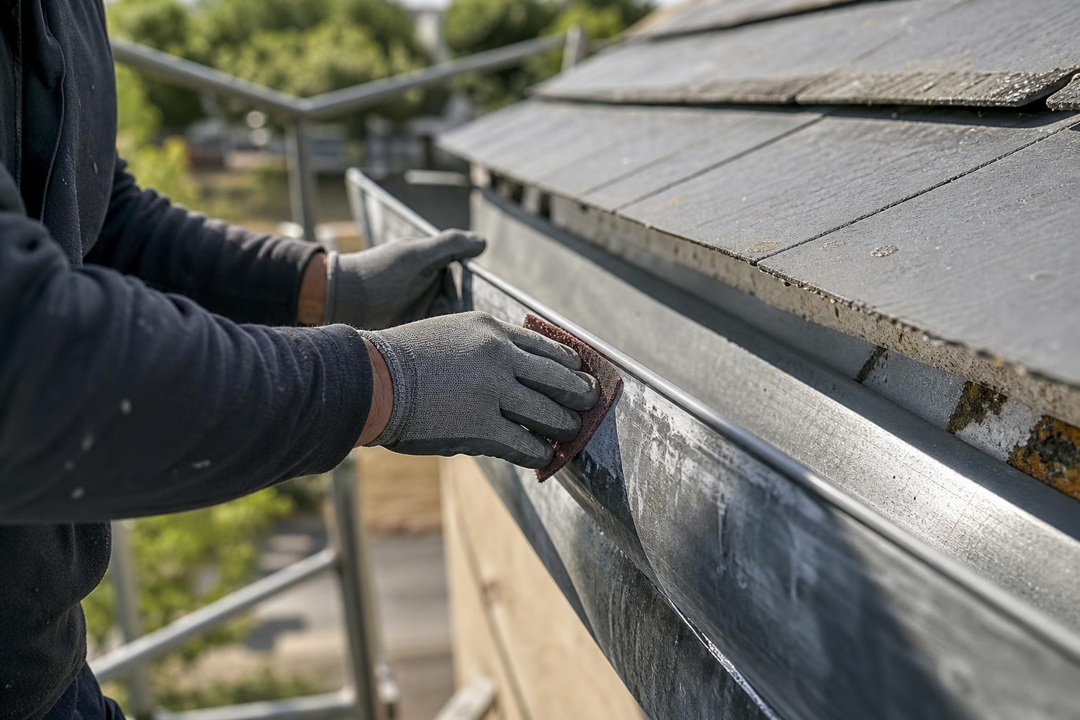 Nettoyage et ponçage d'une gouttière en zinc avant réparation