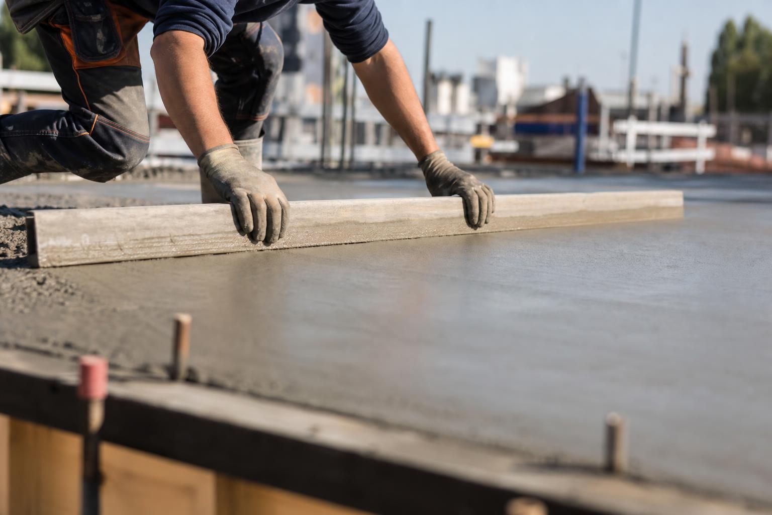 Nivellement du béton frais à la règle sur une dalle fraîchement coulée
