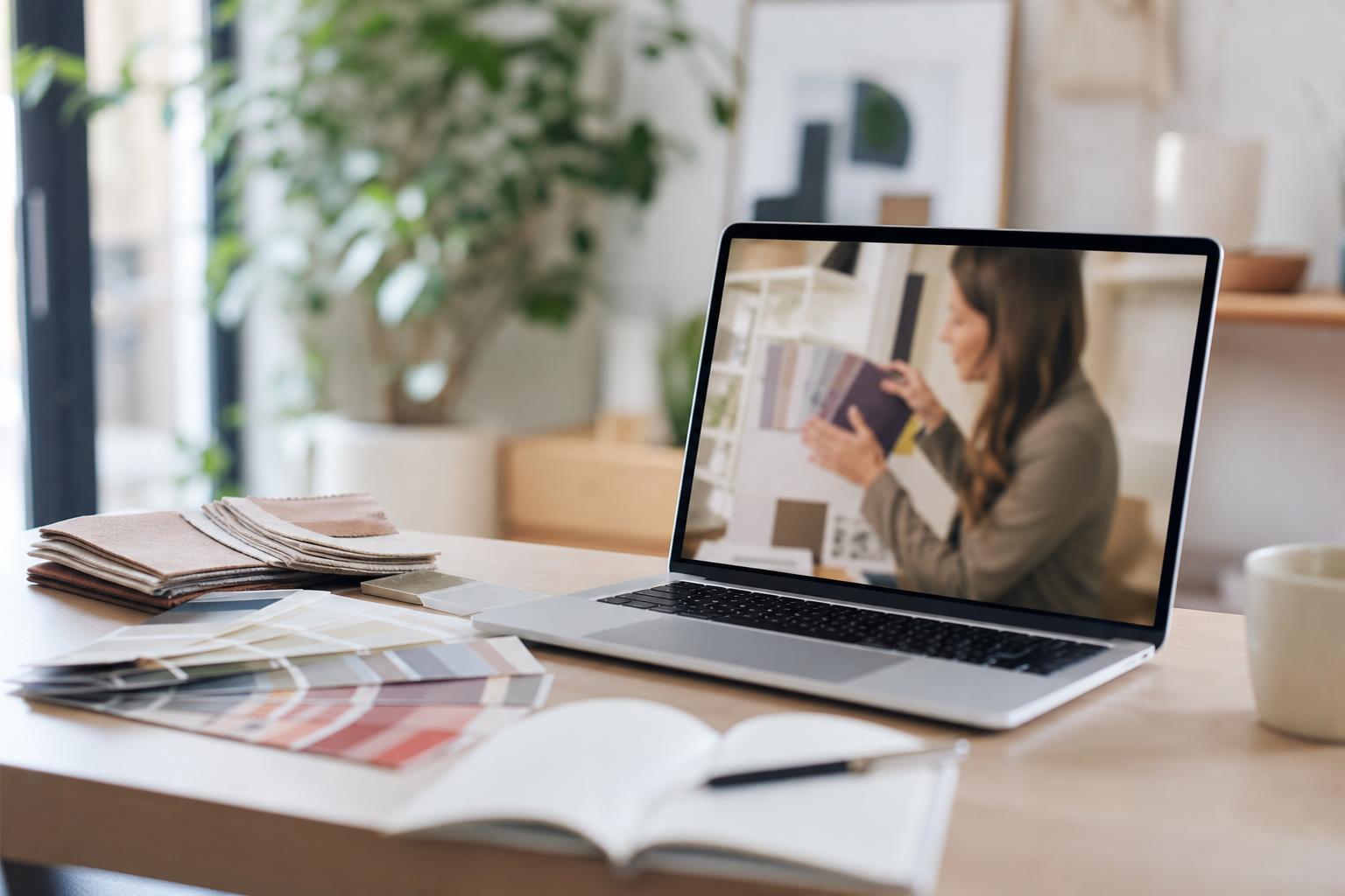 Ordinateur portable affichant un cours de décoration en ligne, posé sur un bureau avec des nuanciers