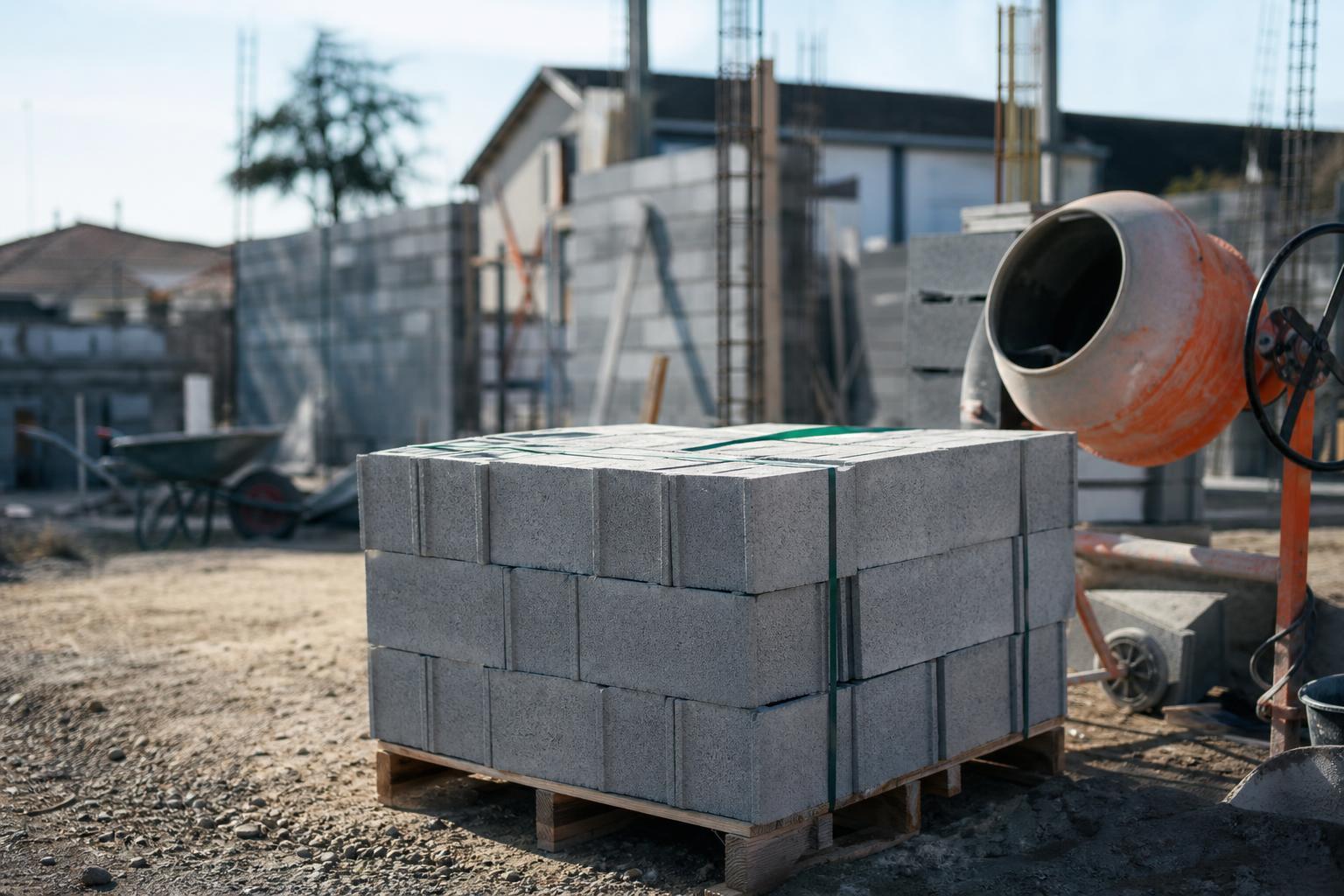 Palette de parpaings et bétonnière sur un chantier de maçonnerie
