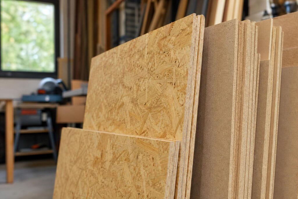 Panneaux OSB et aggloméré empilés côte à côte dans un atelier de bricolage.