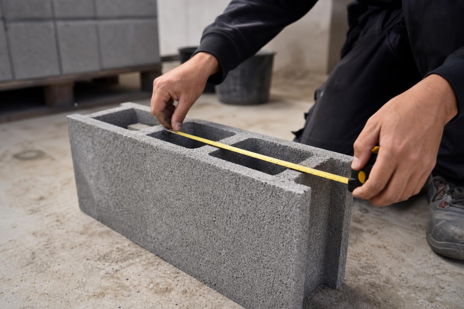 Parpaing creux 15x20x50 mesuré au mètre ruban pour vérifier ses dimensions