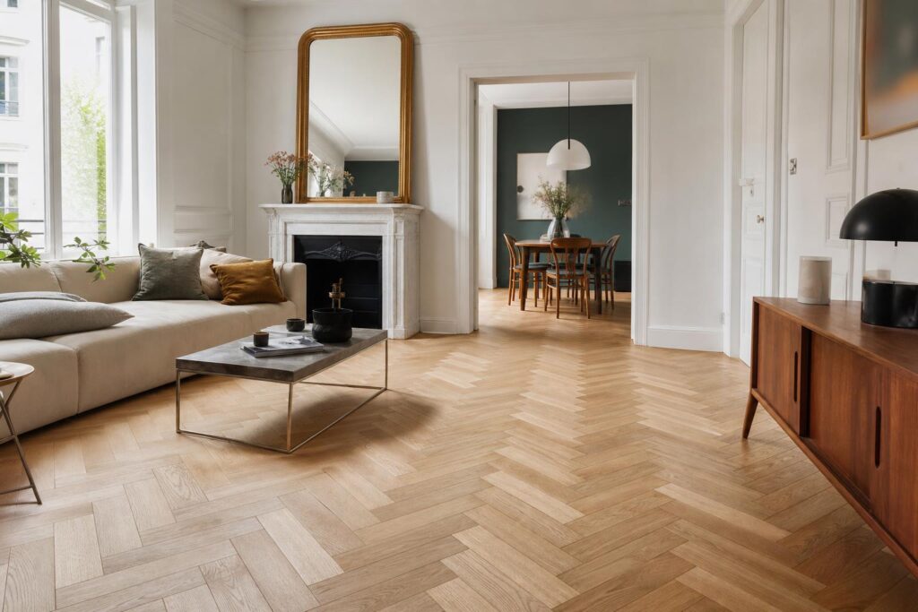 Parquet en chêne posé à bâton rompu dans un salon lumineux rénové.