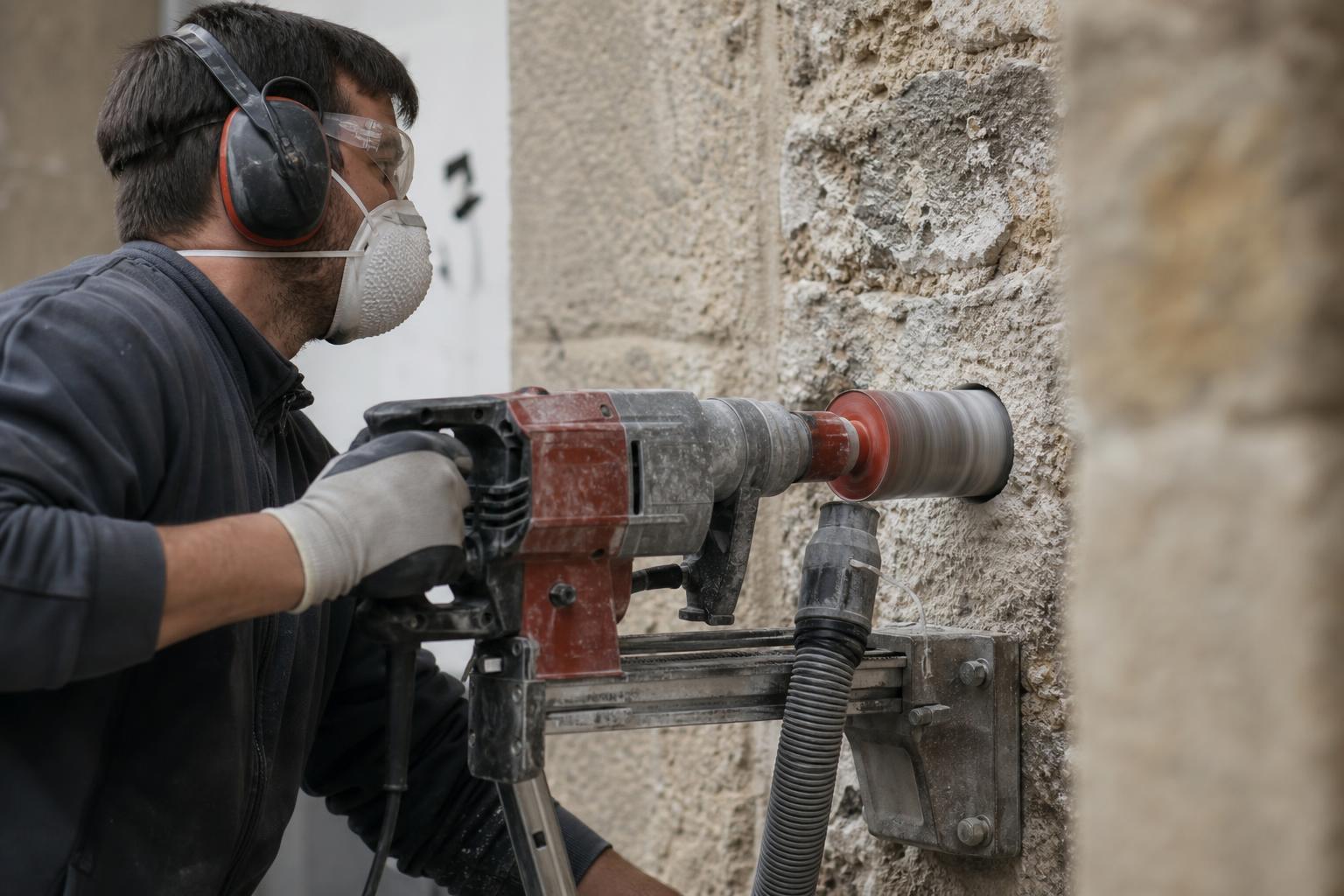Perçage d'un mur en pierre épais à la carotteuse, avec masque et lunettes