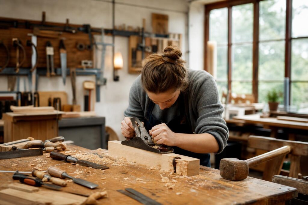 Personne apprenant le travail du bois dans un atelier lumineux, avec des outils à main posés sur l'établi.