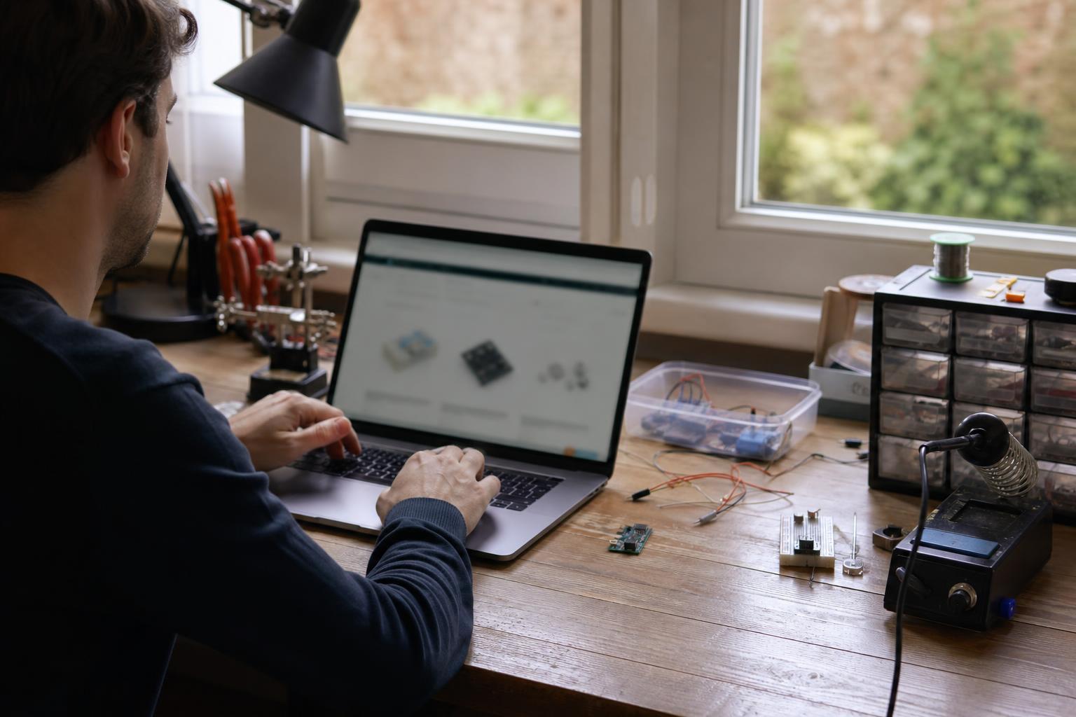 Personne commandant des pièces électroniques sur un ordinateur portable, dans un atelier maison