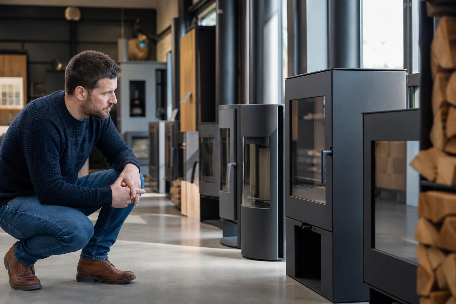 Personne comparant plusieurs poêles à bois dans un magasin spécialisé