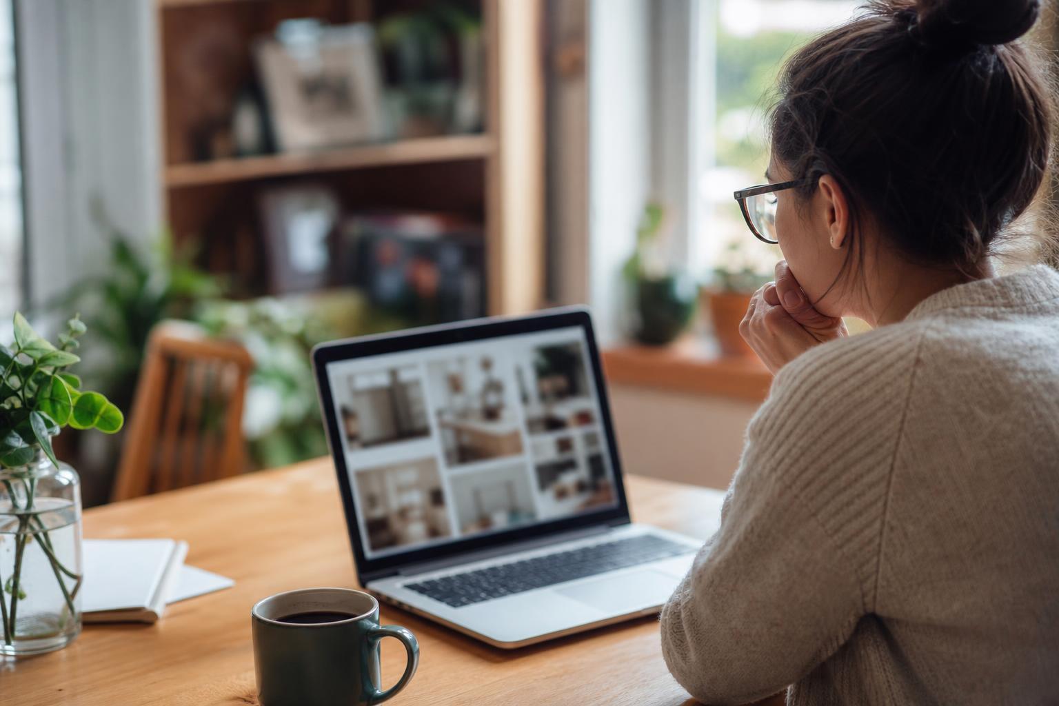 Personne consultant des conseils maison sur un ordinateur portable dans une pièce cosy
