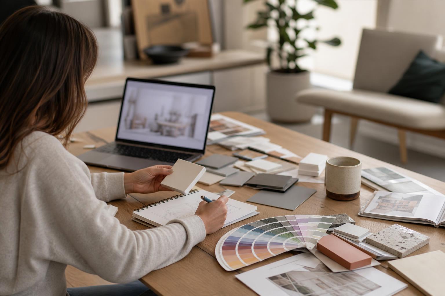 Personne étudiant la décoration d'intérieur avec un ordinateur, un carnet et une palette de couleurs