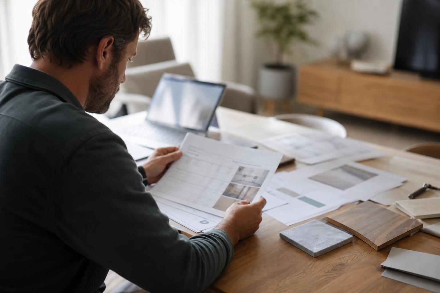 Personne examinant des devis de rénovation et des documents financiers sur une table