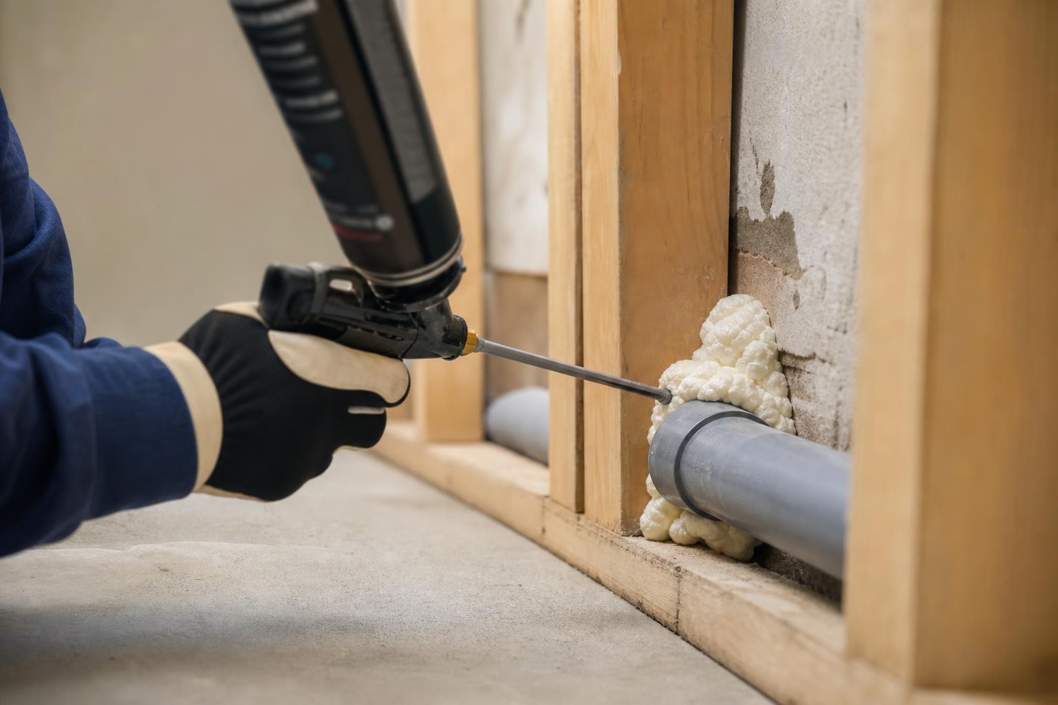 Personne gantée appliquant de la mousse expansive autour d'une canalisation