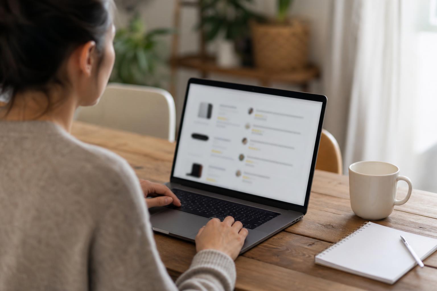Personne lisant des avis produits en ligne sur un ordinateur portable à la table