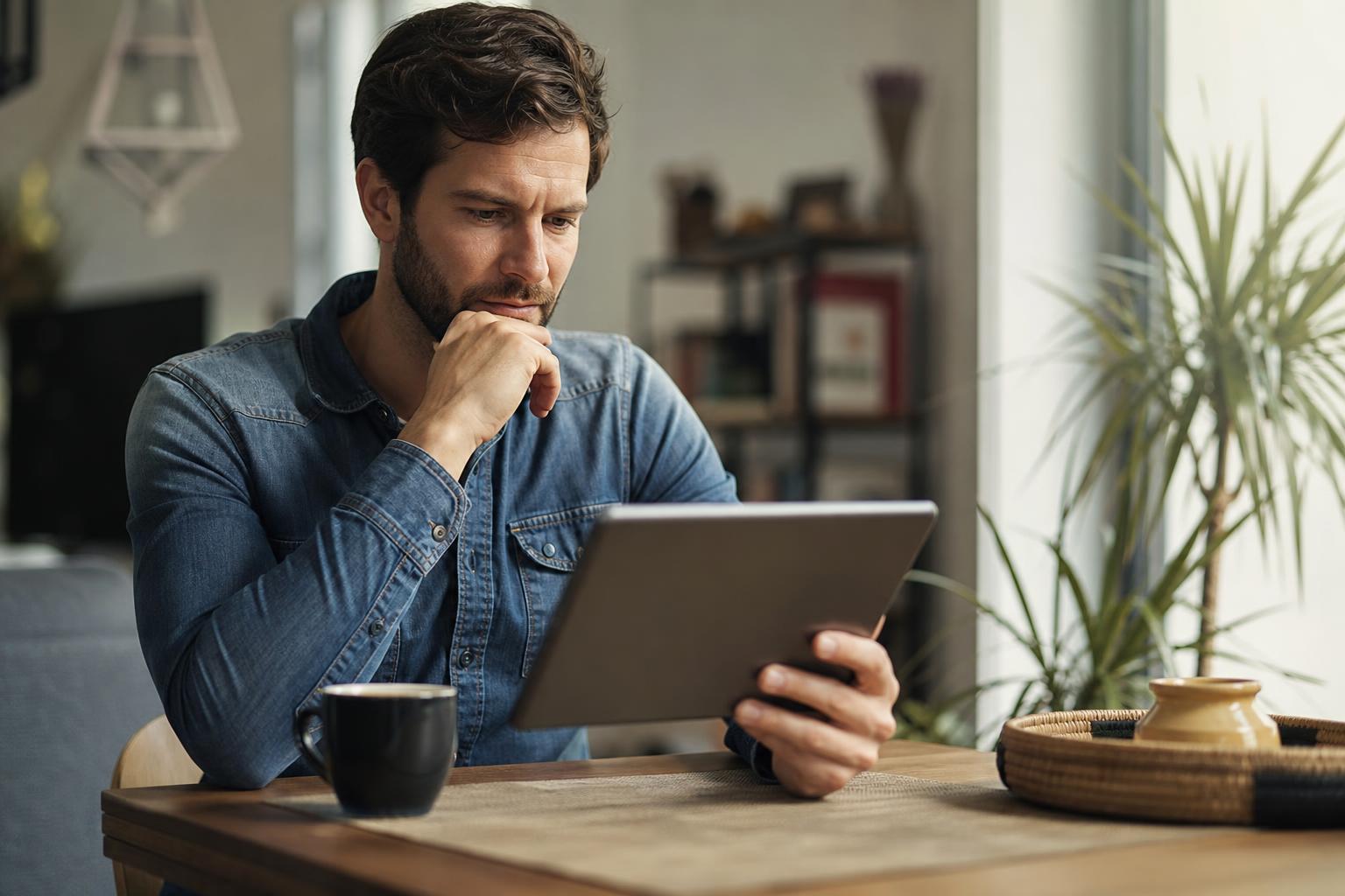 Personne lisant un article en ligne sur une tablette avec un café, l'air réfléchi