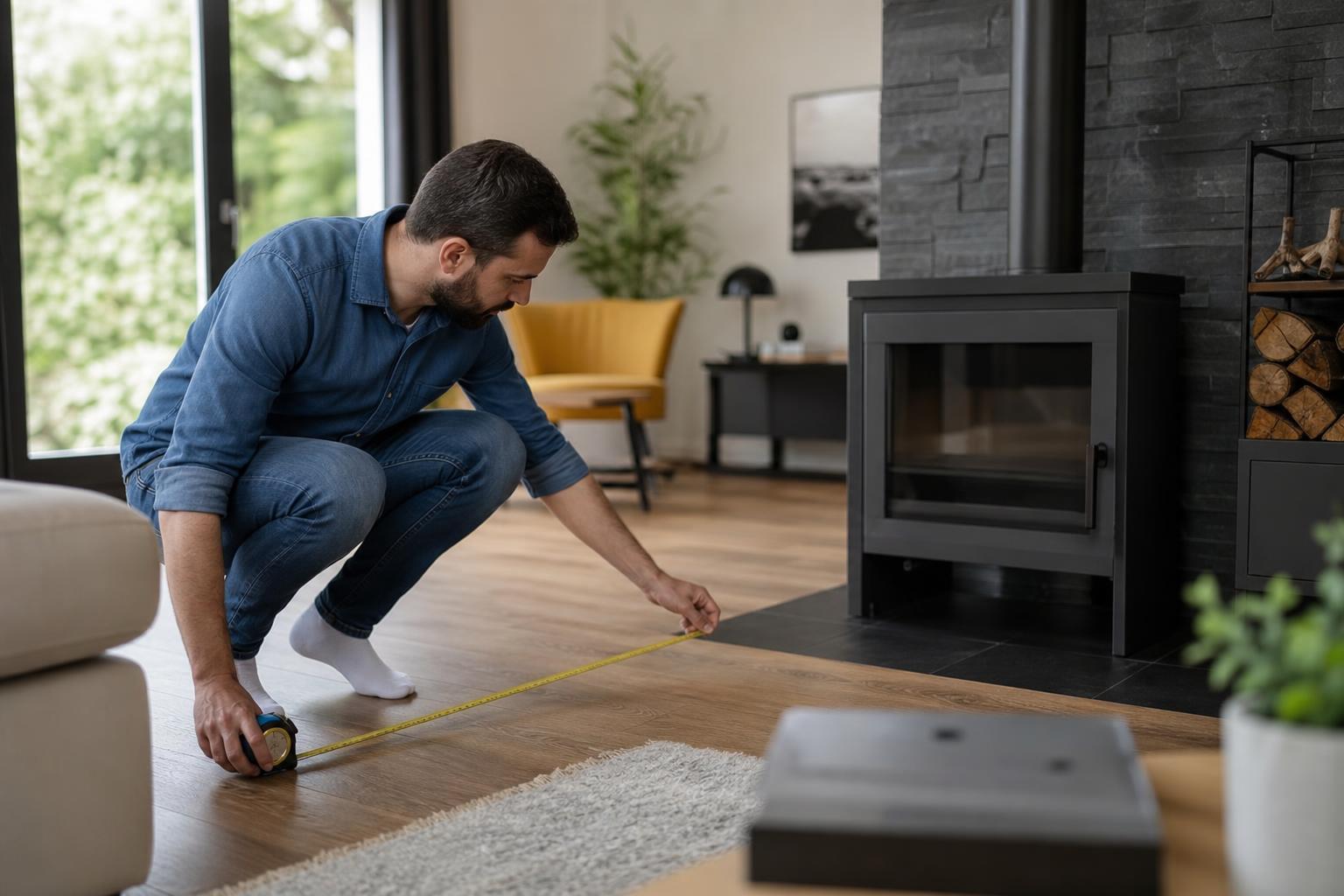 Personne mesurant son salon pour dimensionner un futur poêle à bois