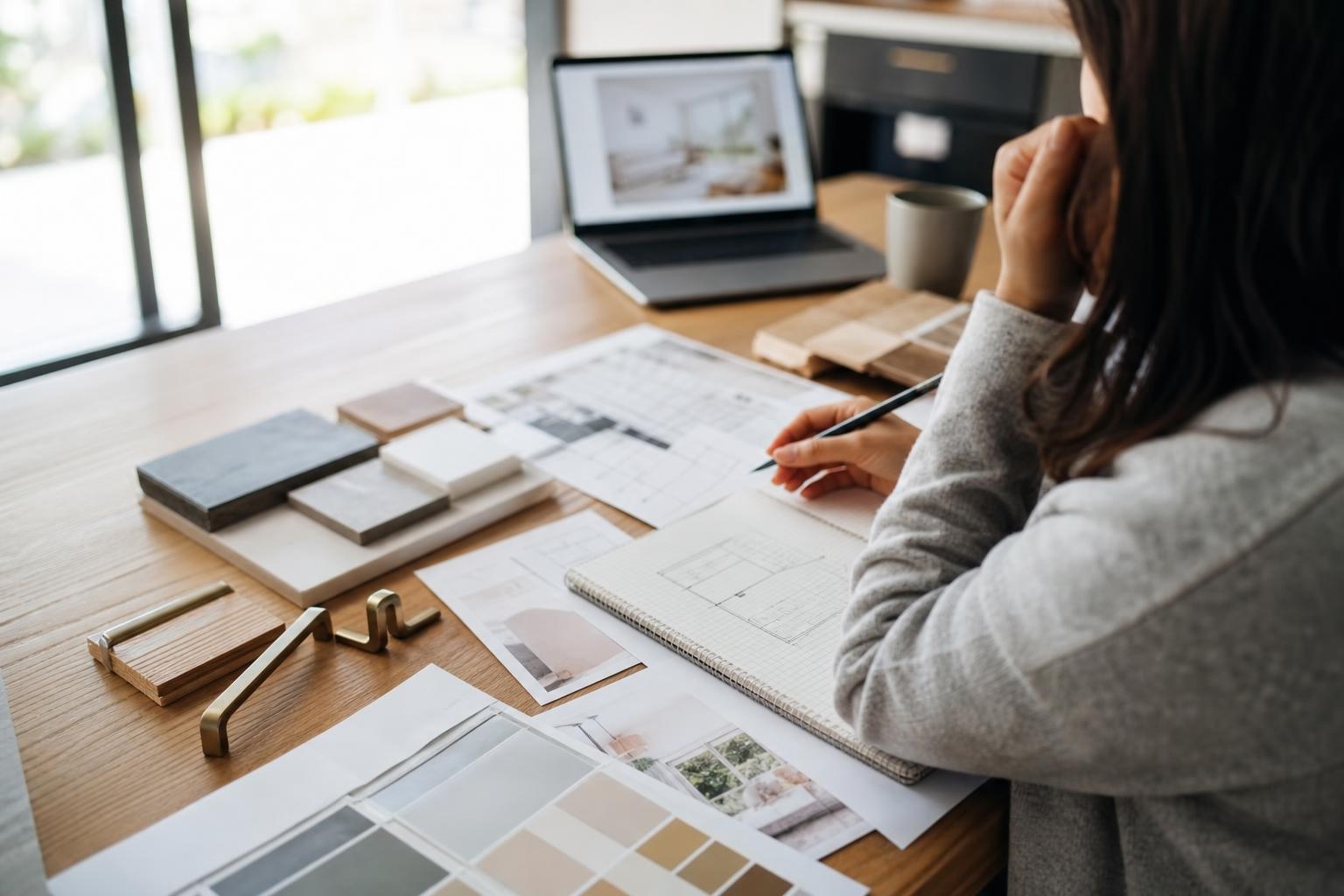Personne planifiant un projet de rénovation avec des échantillons et des notes