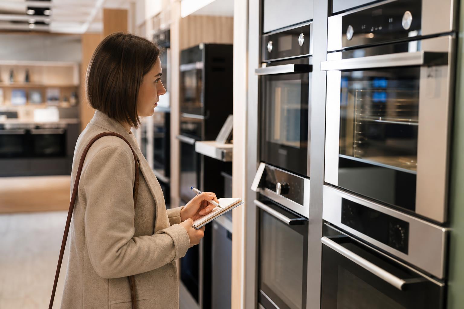 Personne prenant des notes en choisissant un four encastrable dans un showroom