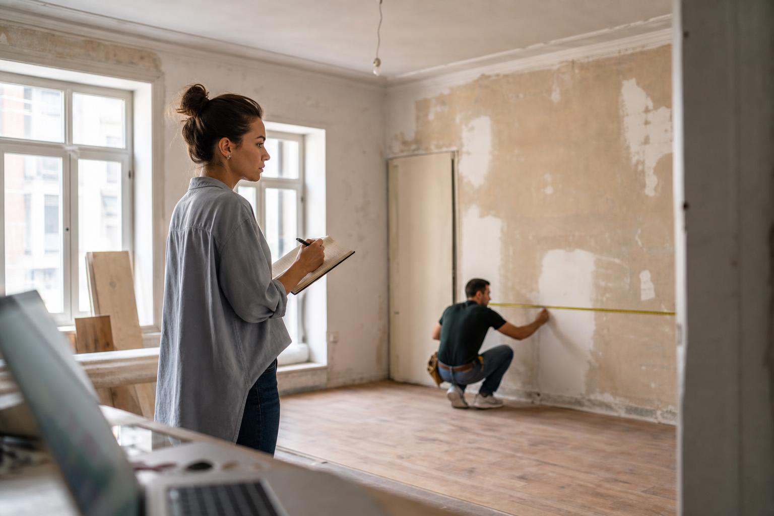 Personne prenant des notes et mesurant une pièce avant des travaux de rénovation