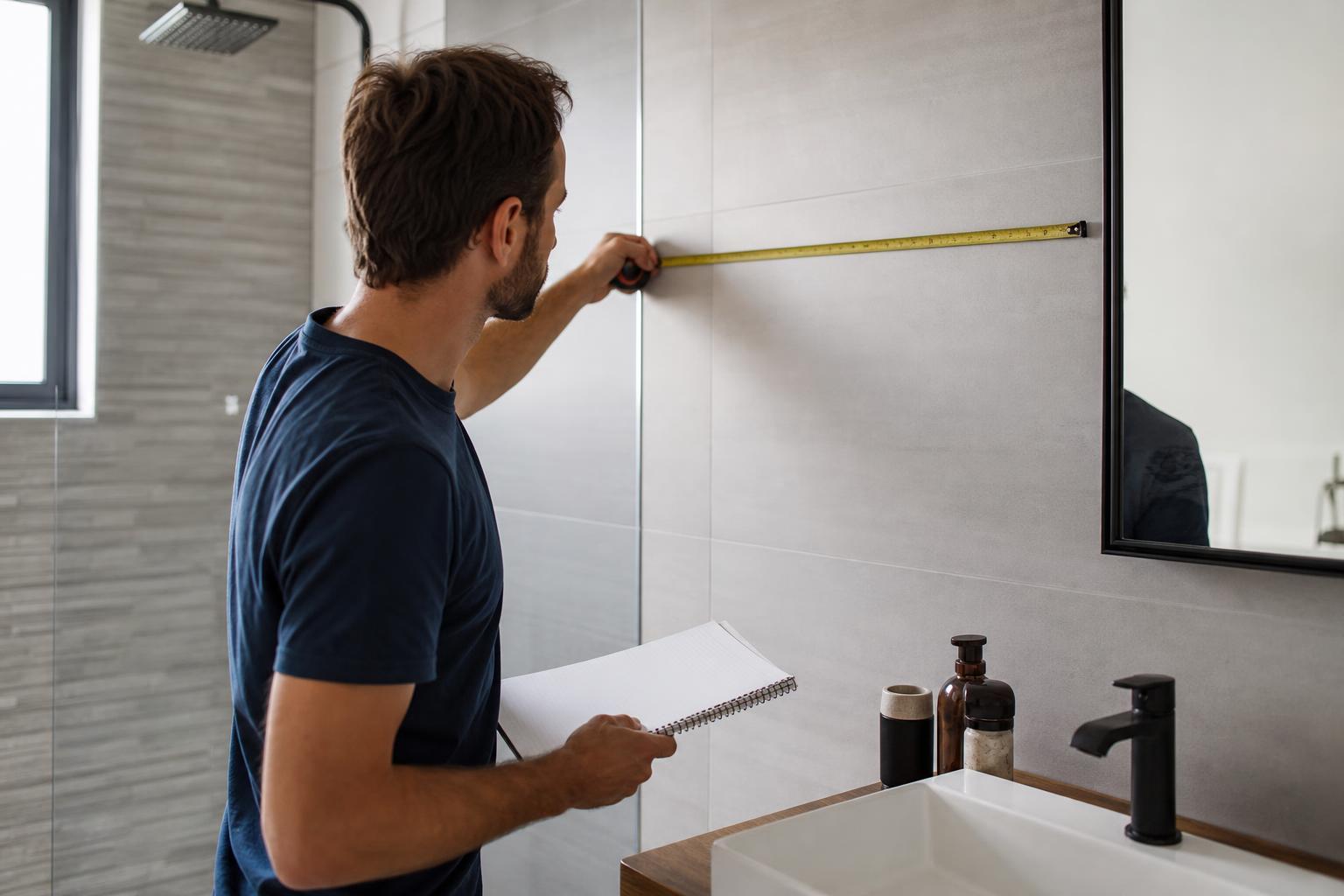 Personne prenant les mesures d'un mur de salle de bain avec un mètre ruban et un carnet