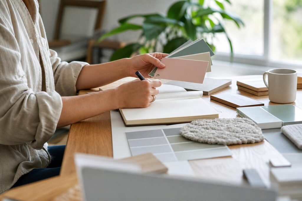 Personne préparant un projet de rénovation avec un carnet et des échantillons de peinture.