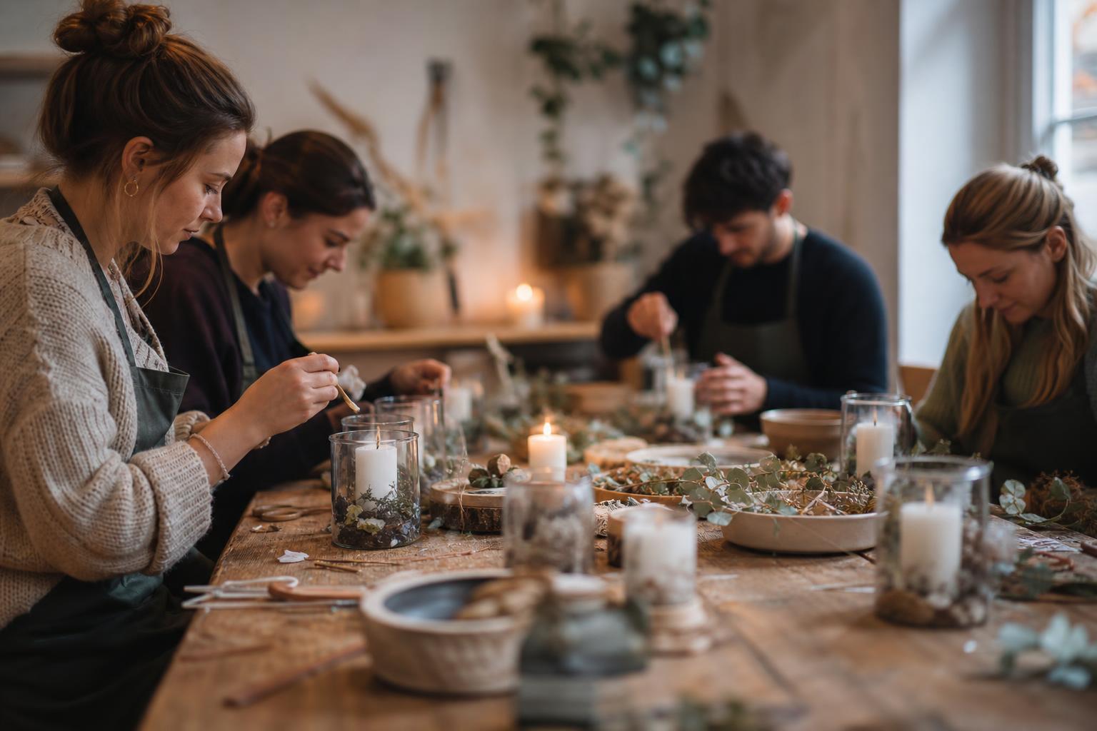 Petit atelier créatif en groupe avec bougies et matériaux naturels sur une table