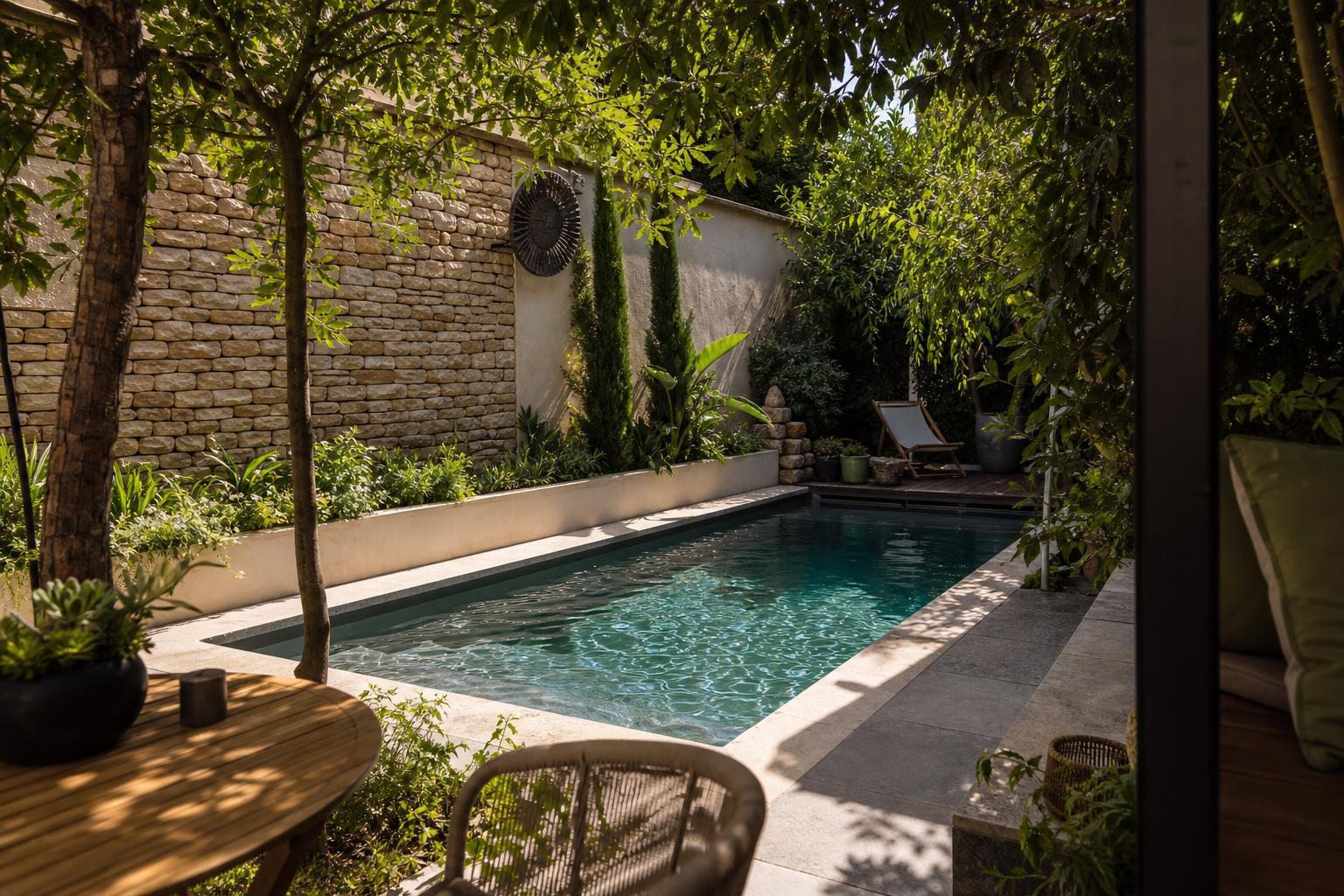 Petit jardin soigné avec une piscine enterrée compacte sans local technique visible