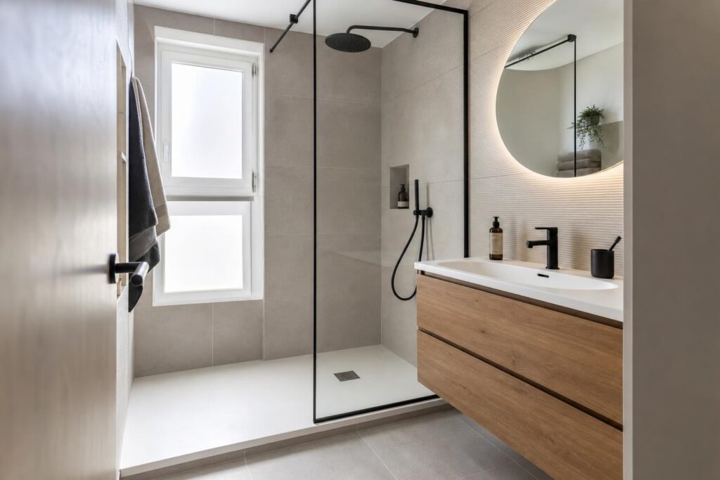 Petite salle de bain de 3 m² moderne avec douche à l'italienne et meuble vasque suspendu.
