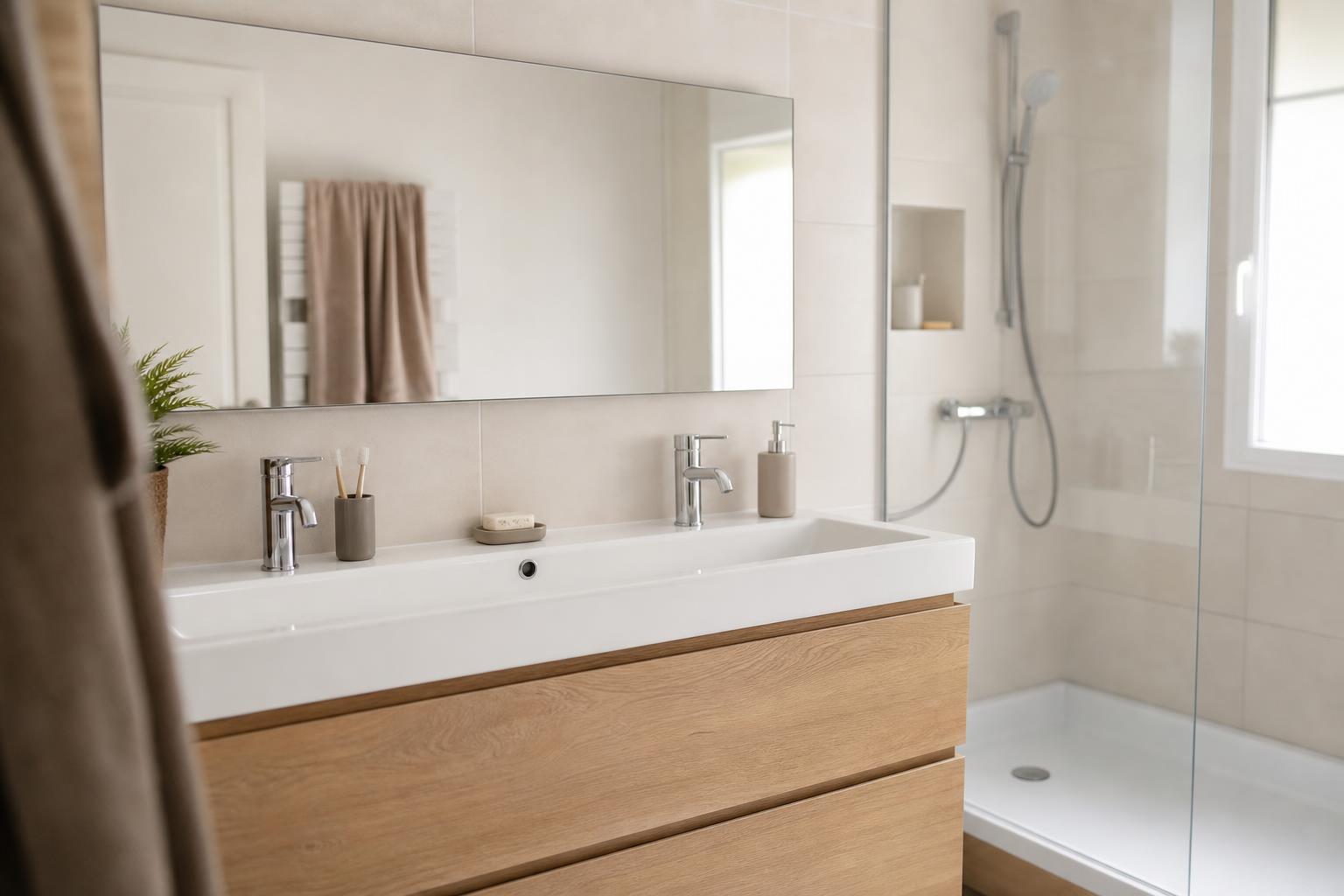 Petite salle de bain lumineuse avec grand miroir, carrelage clair et douche à l'italienne
