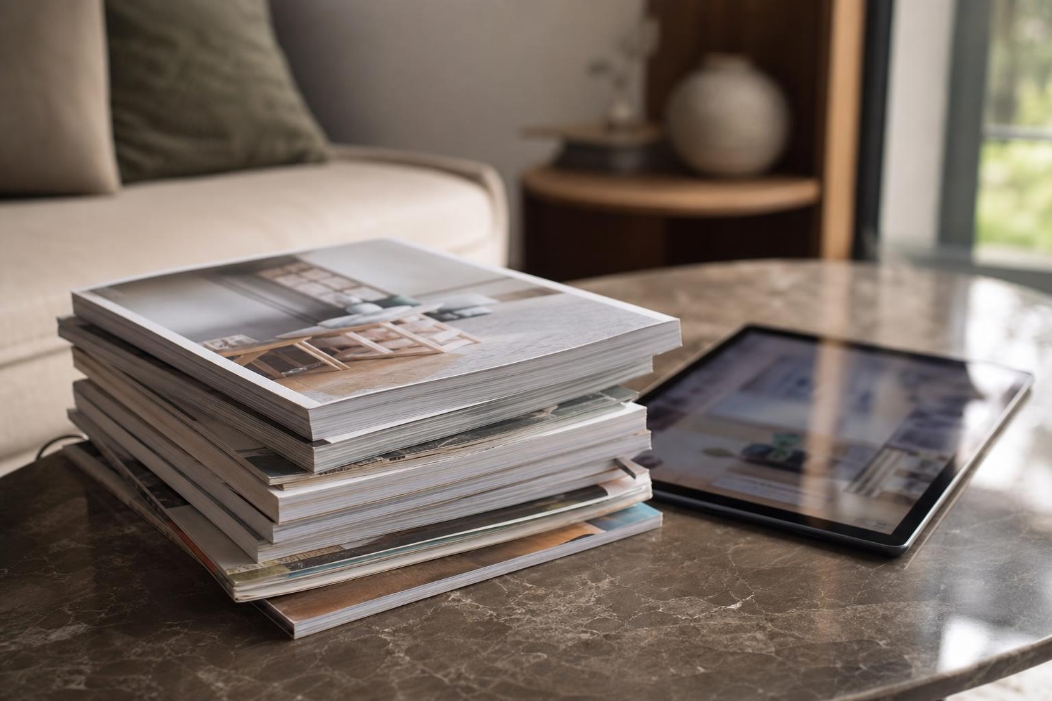 Pile de magazines de décoration à côté d'une tablette sur une table basse