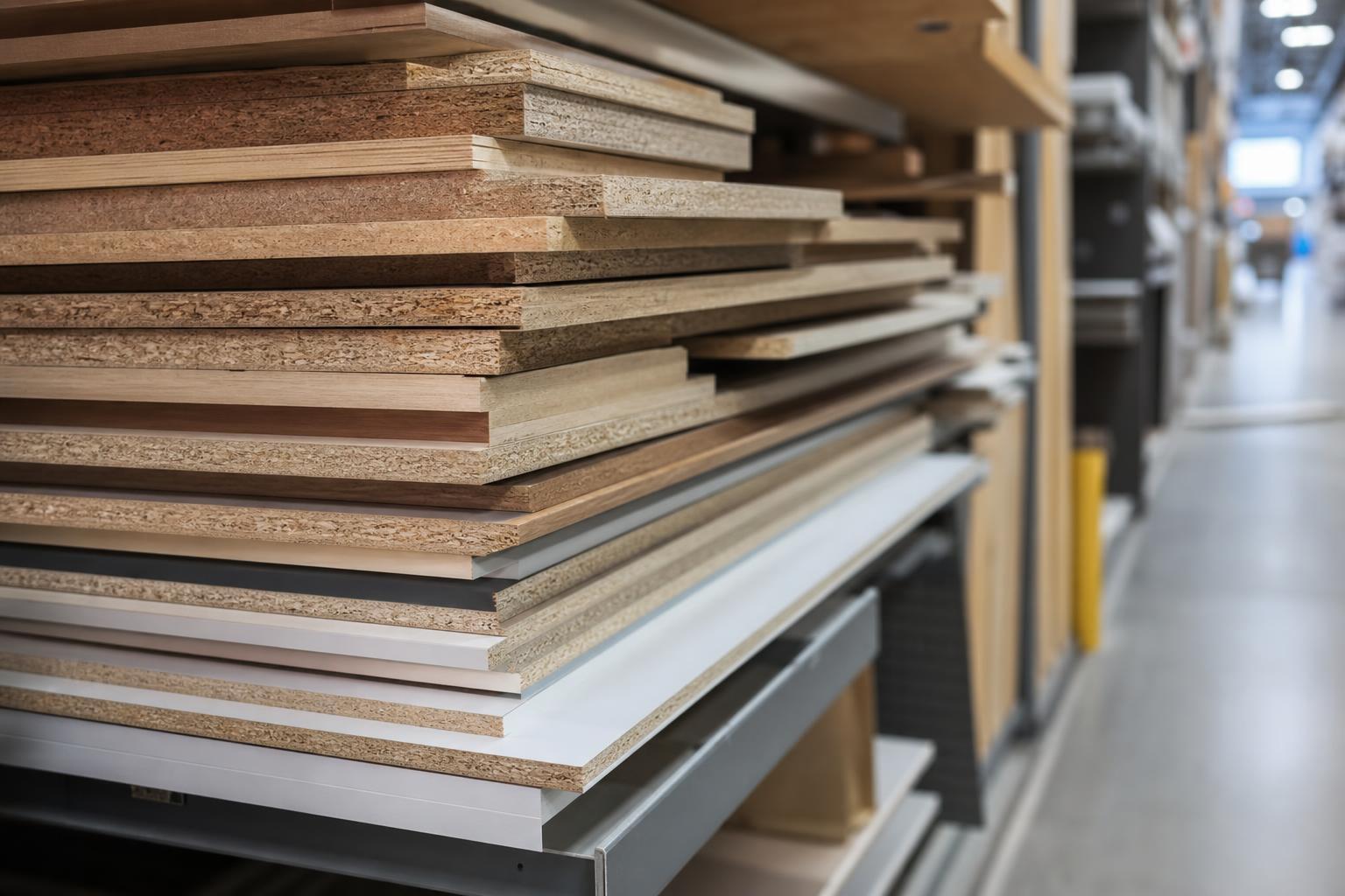 Pile de panneaux de bois d'épaisseurs variées dans un rayon de magasin de bricolage