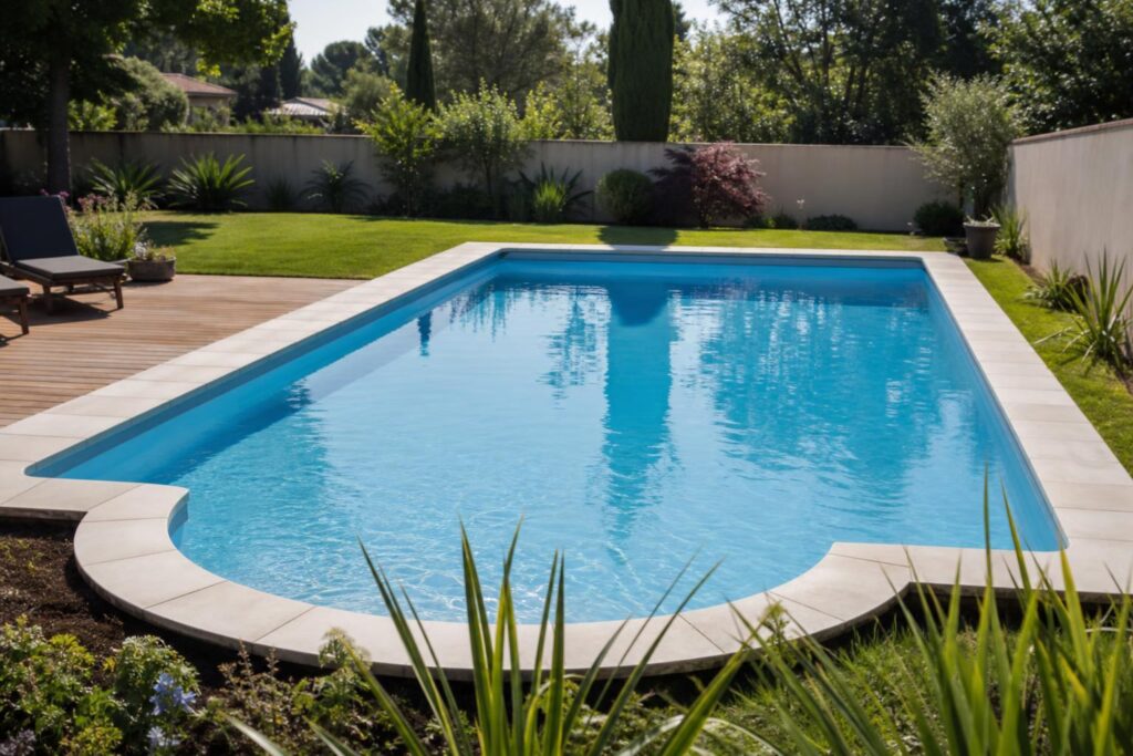 Piscine enterrée à liner avec margelles dans un jardin, illustrant le sujet des piscines Desjoyaux.