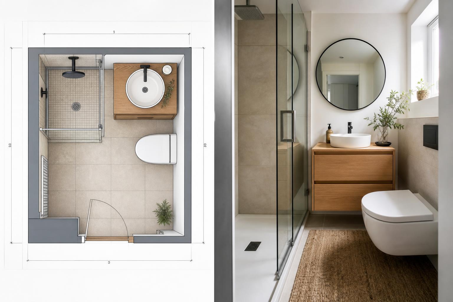 Plan et mesures d'une petite salle de bain de 3 m²