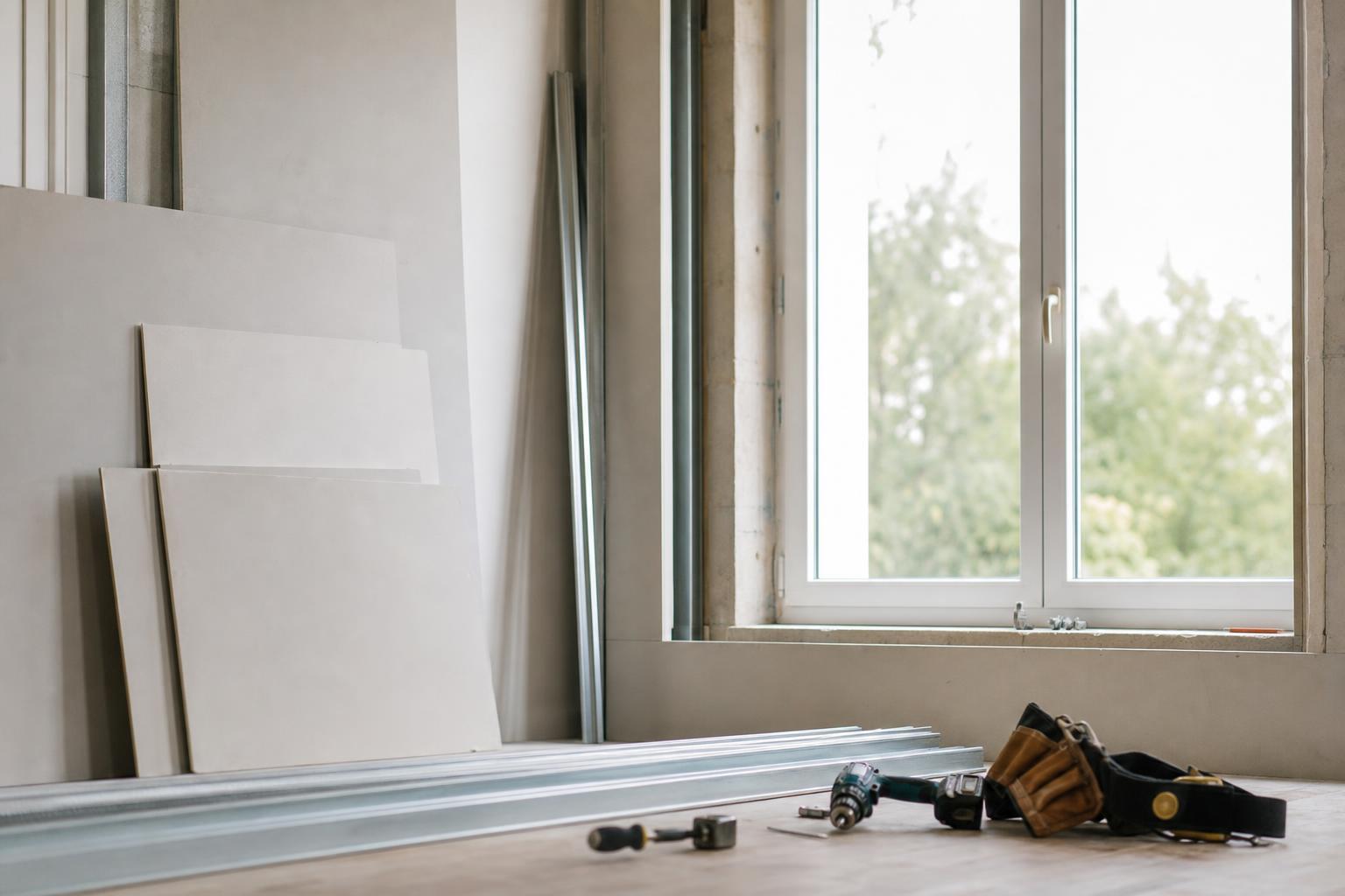 Plaques de plâtre, rails métalliques et outils prêts pour habiller une fenêtre