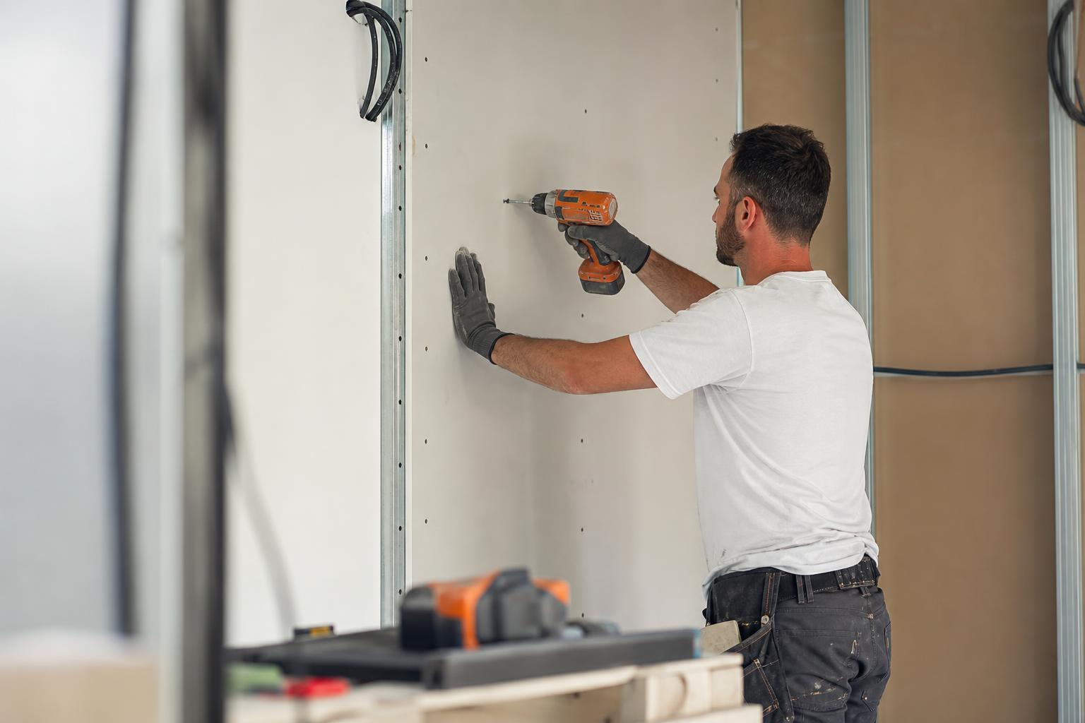 Plaquiste professionnel vissant une plaque de placo sur son ossature