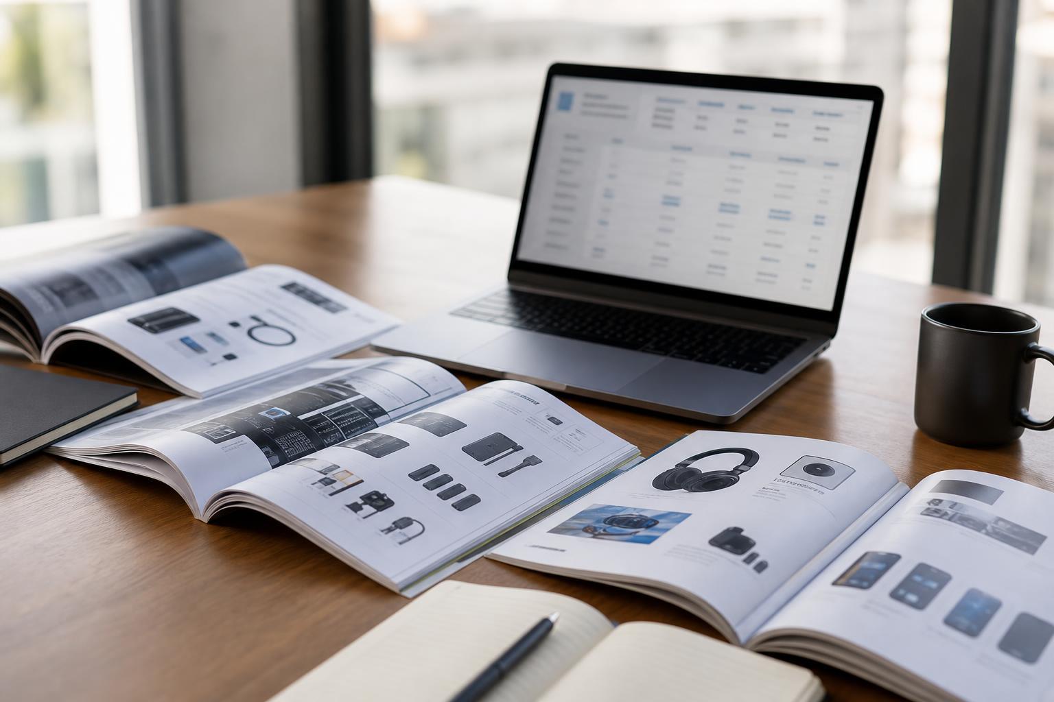 Plusieurs catalogues d'électronique ouverts et un ordinateur portable comparant des fournisseurs sur un bureau