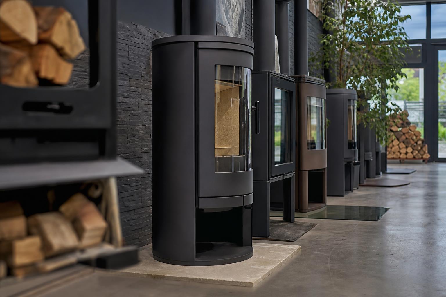 Plusieurs poêles à bois alignés dans le showroom d'un revendeur spécialisé