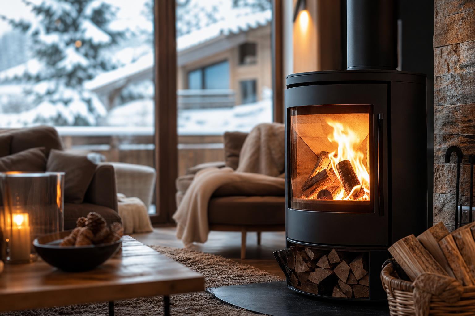 Poêle à bois allumé dans un salon chaleureux en hiver