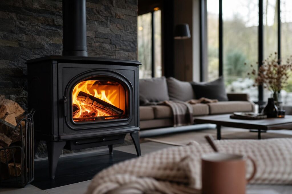 Poêle à bois en fonte allumé dans un salon chaleureux, flammes visibles derrière la vitre.