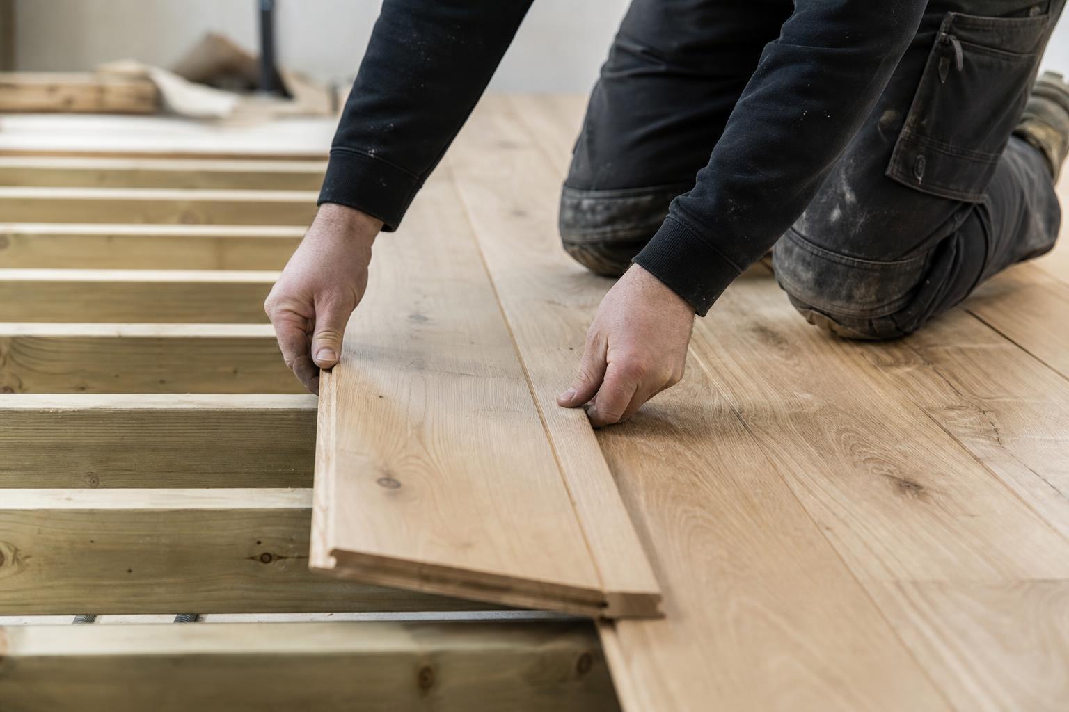 Pose de panneaux de plancher rainurés-bouvetés sur des solives en bois