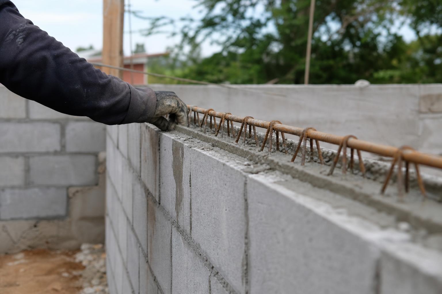 Pose d'un chaînage horizontal en tête d'un mur en blocs de béton
