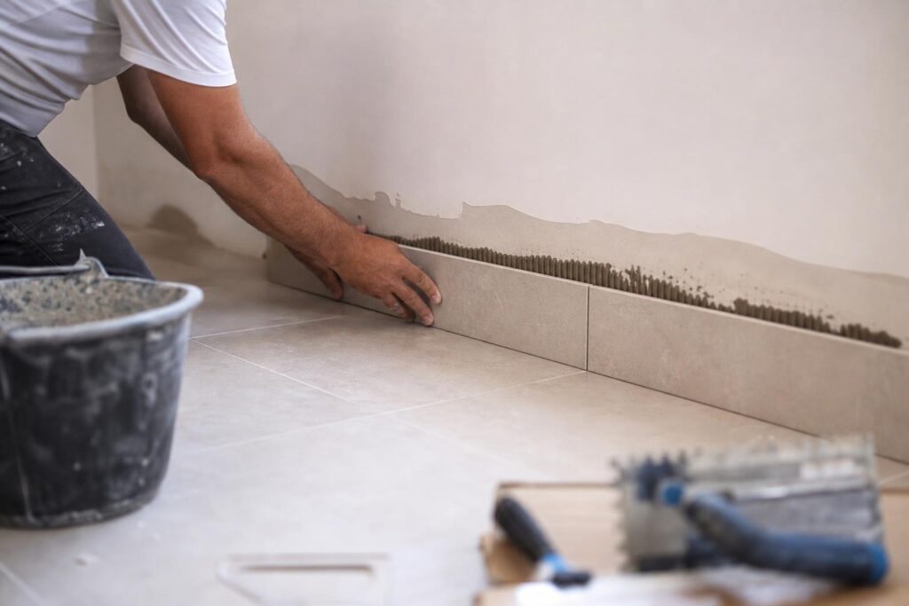 Pose d'une plinthe en carrelage collée le long d'un mur pendant une rénovation.