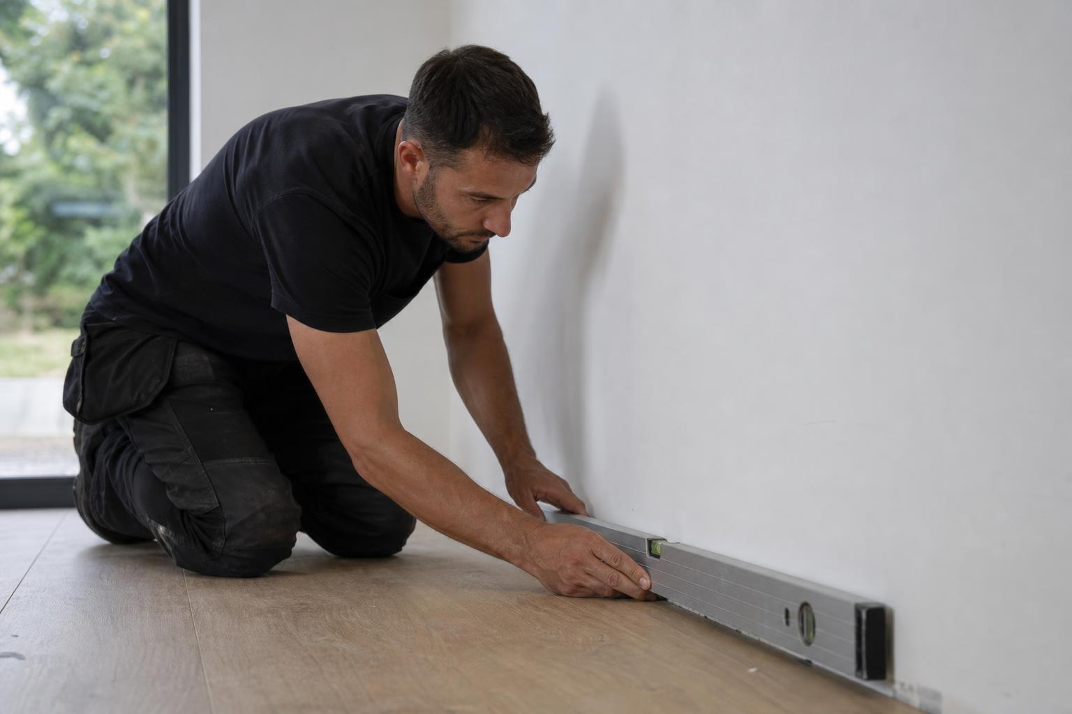 Préparation du mur et vérification de la planéité avant la pose des plinthes