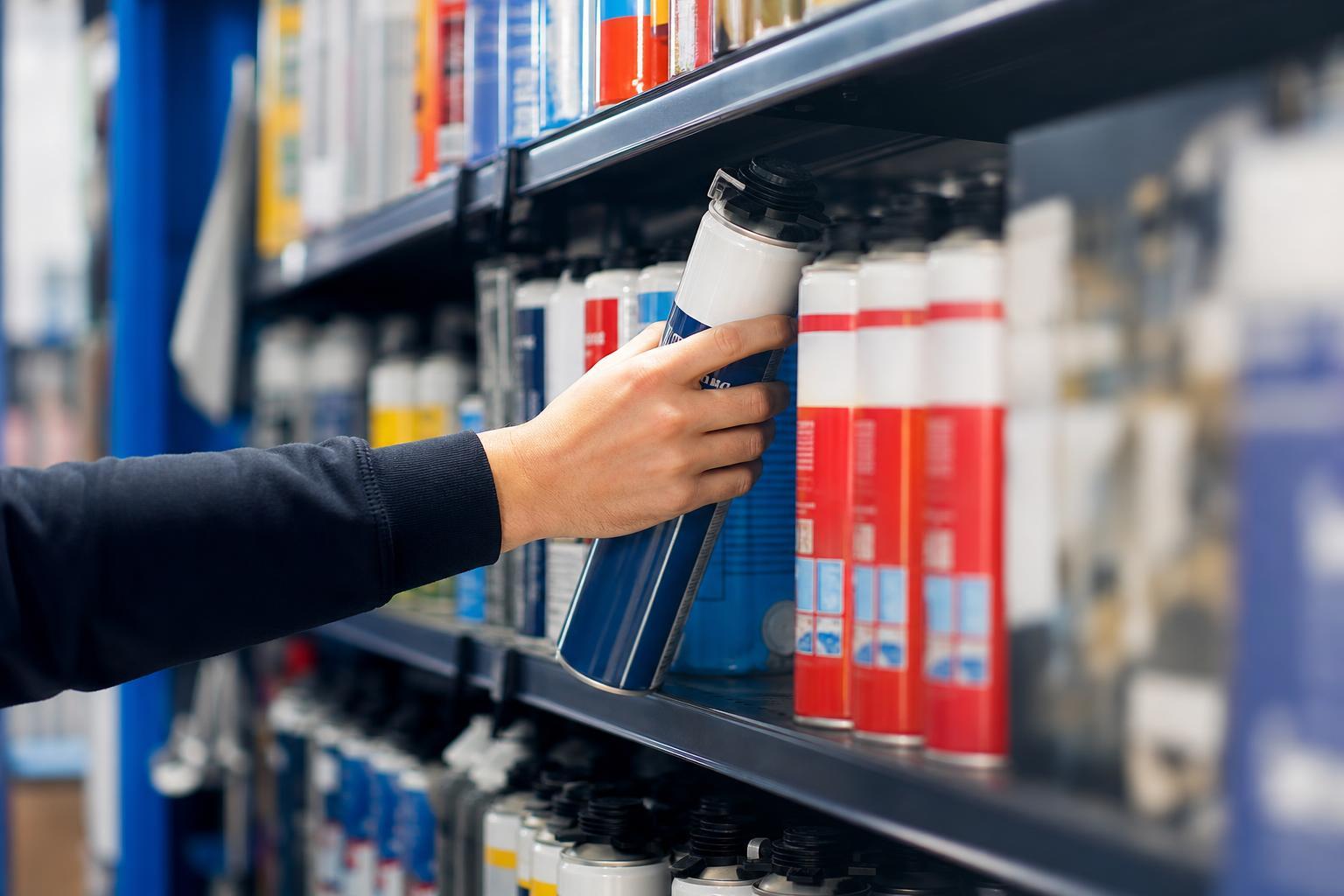 Rayon de bombes de mousse polyuréthane dans un magasin de bricolage