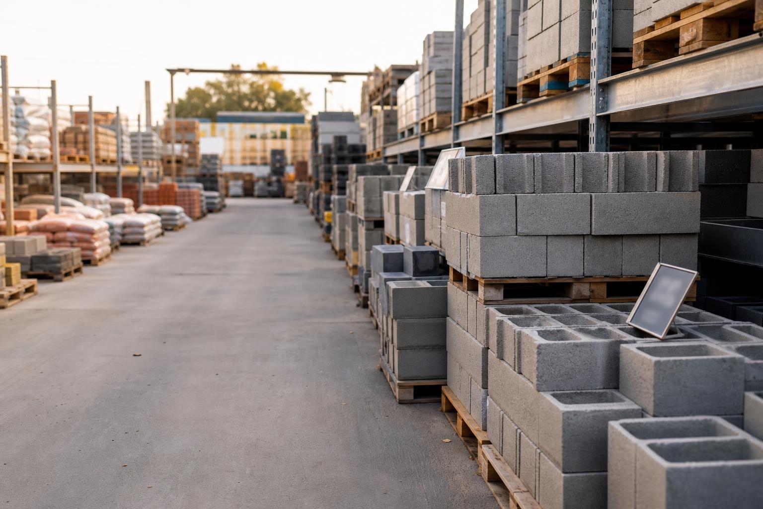 Rayon de matériaux de construction avec palettes de parpaings et étiquettes de prix
