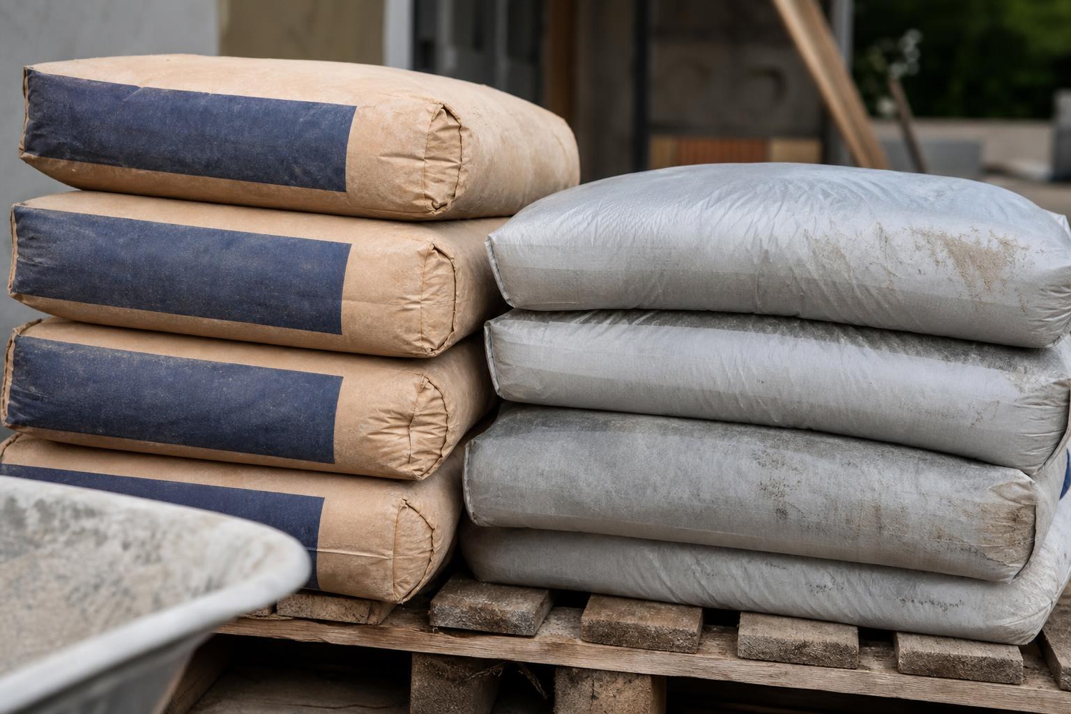 Sacs de ciment et sacs de béton prêt à l'emploi côte à côte, à ne pas confondre