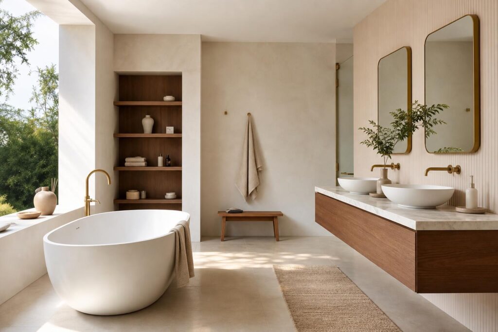 Salle de bain design avec une baignoire îlot et un meuble vasque suspendu, baignée de lumière naturelle.