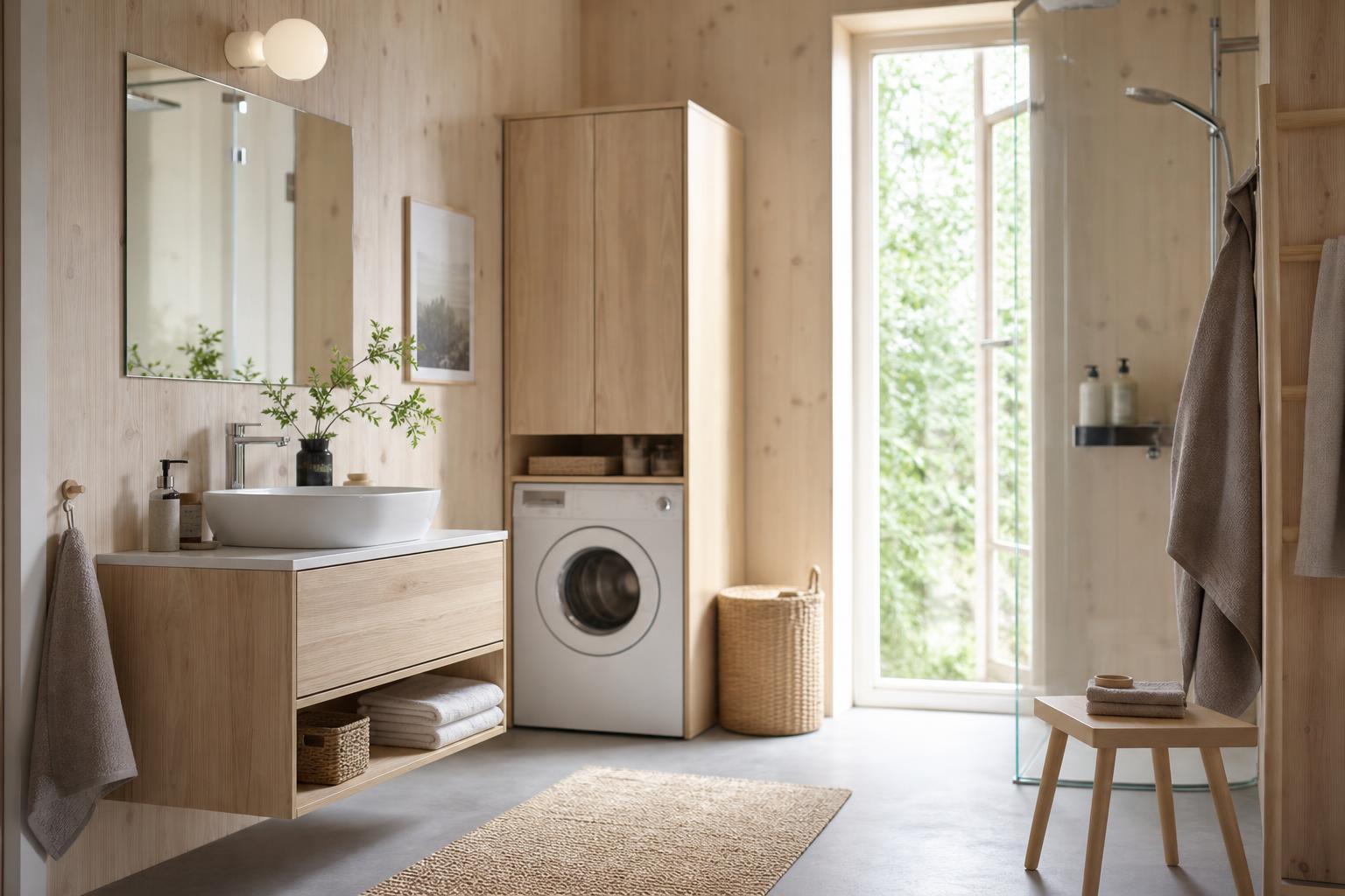 Salle de bains scandinave épurée en bois clair, dans l'esprit IKEA