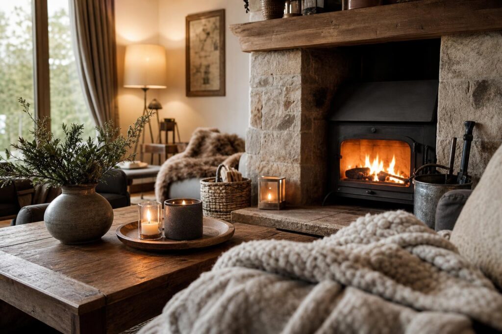 Salon chaleureux et cosy avec cheminée allumée, lumière douce, plaids en laine et meubles en bois.