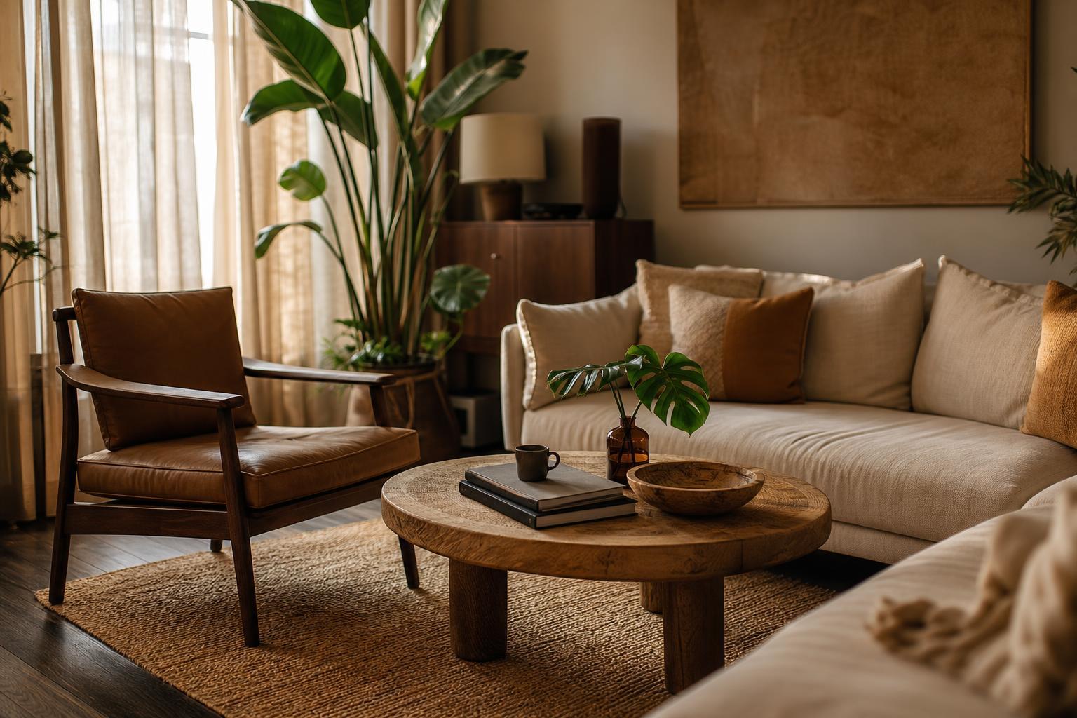 Salon chaleureux et cosy avec lumière douce et matières naturelles