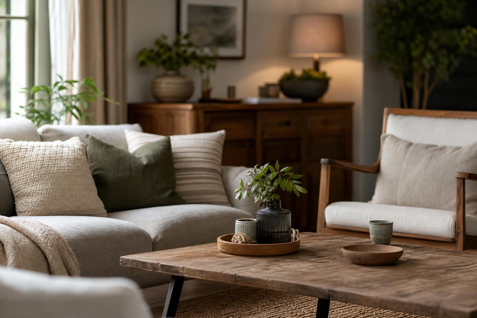 Salon cosy avec meubles en bois, coussins en lin et éclairage doux
