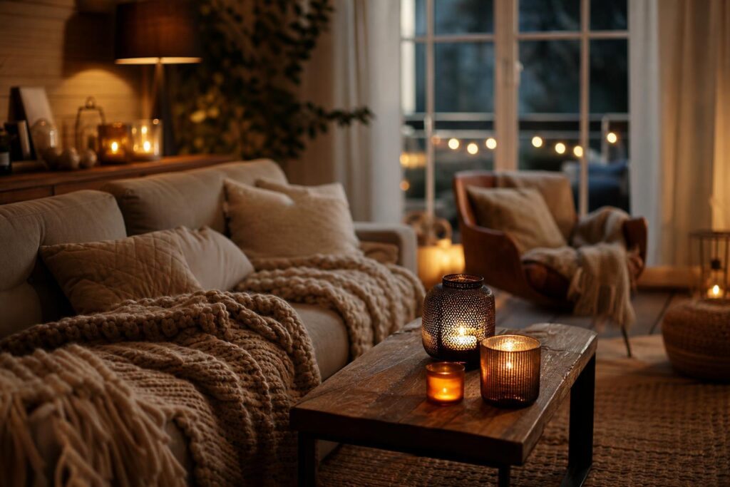 Salon hygge cosy avec bougies, plaids en laine et lumière chaude.